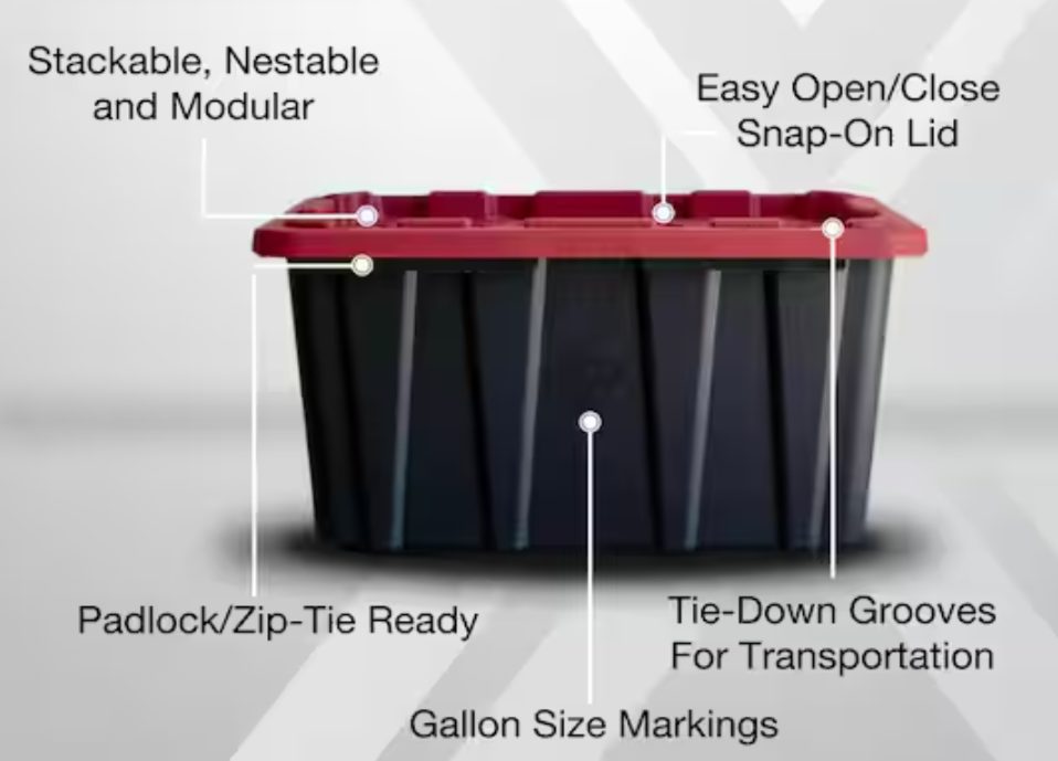 Box & Dolly Rentals tote with callouts: stackable and nestable, easy open snap-on lid, padlock/zip-tie ready, tie-down grooves, gallon size markings