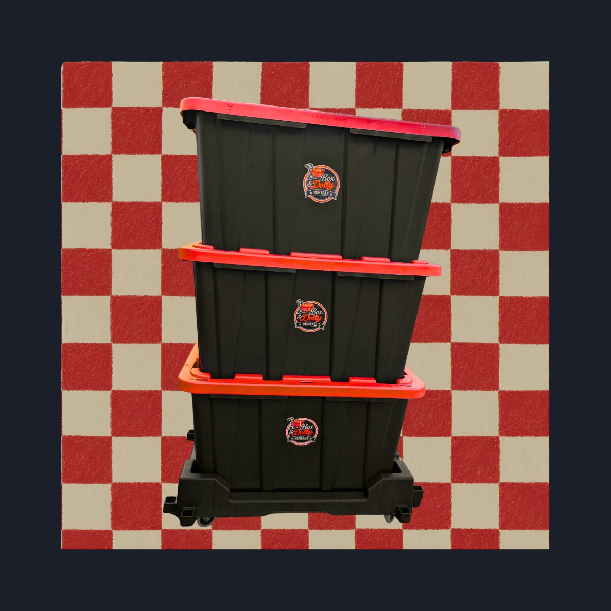 Three Box & Dolly Rentals totes stacked on a rolling dolly